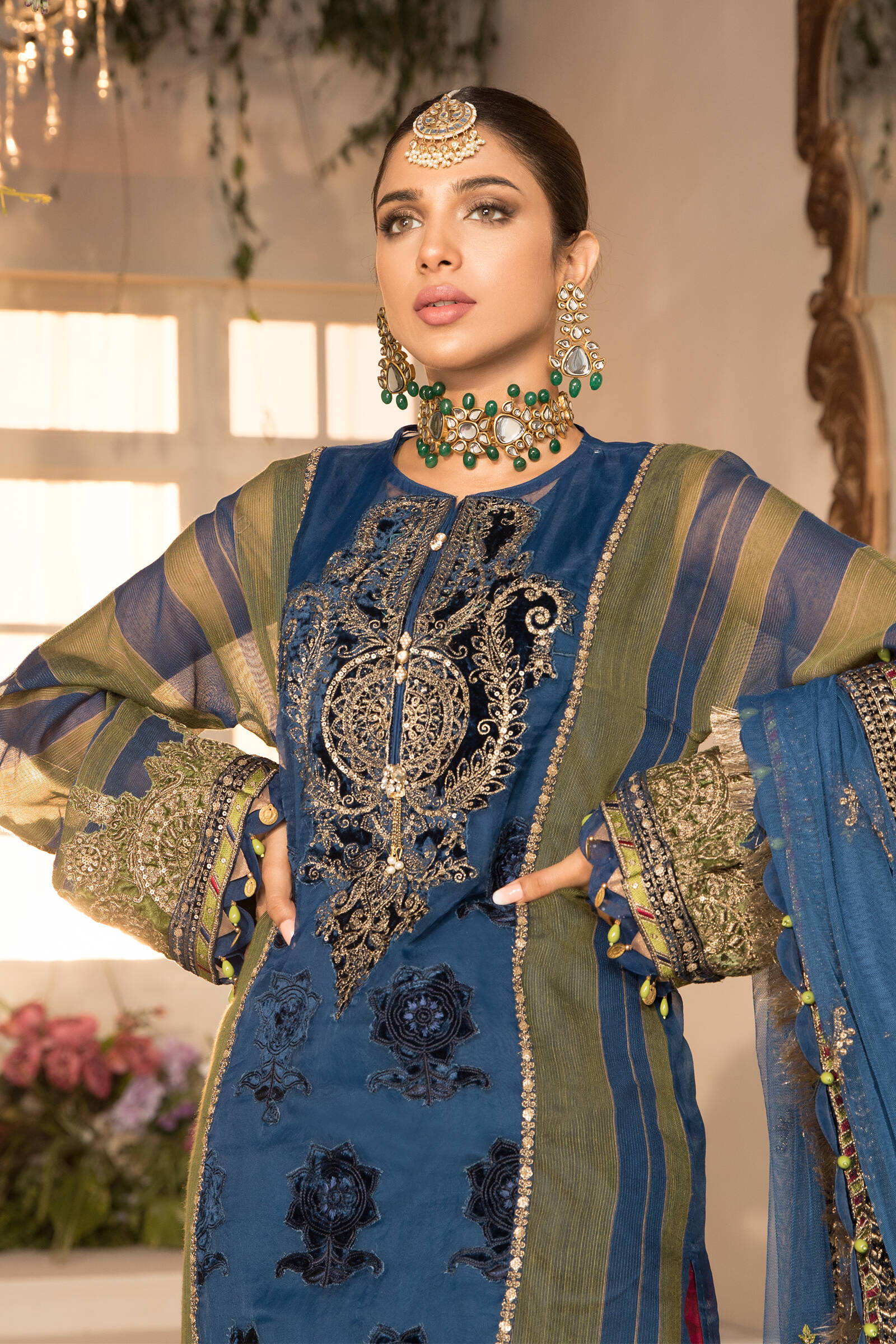 Unstitched MBROIDERED - Blue Olive green with deep Coral Pink  (BD-2104) - Image 3