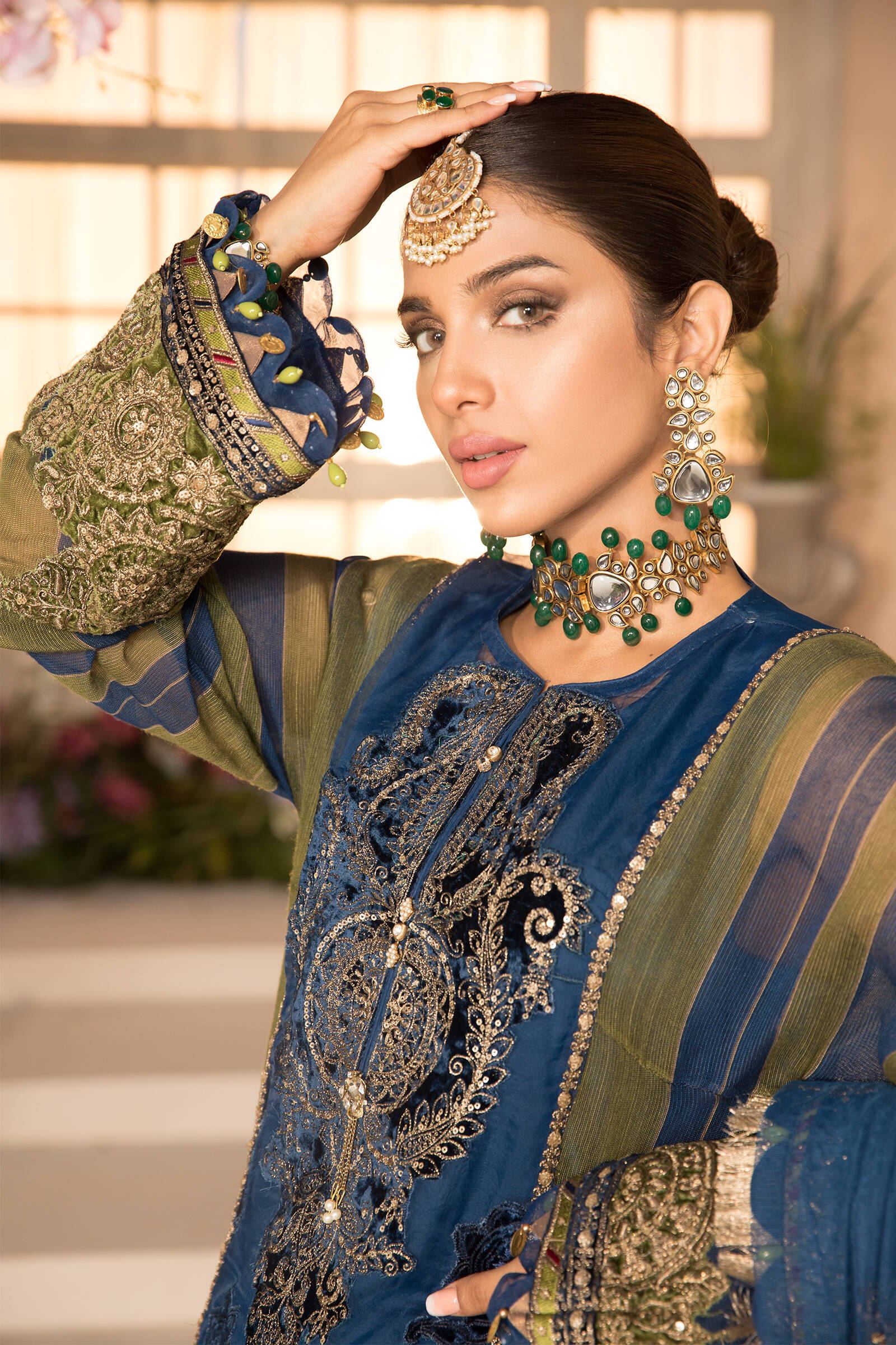Unstitched MBROIDERED - Blue Olive green with deep Coral Pink  (BD-2104) - Image 4