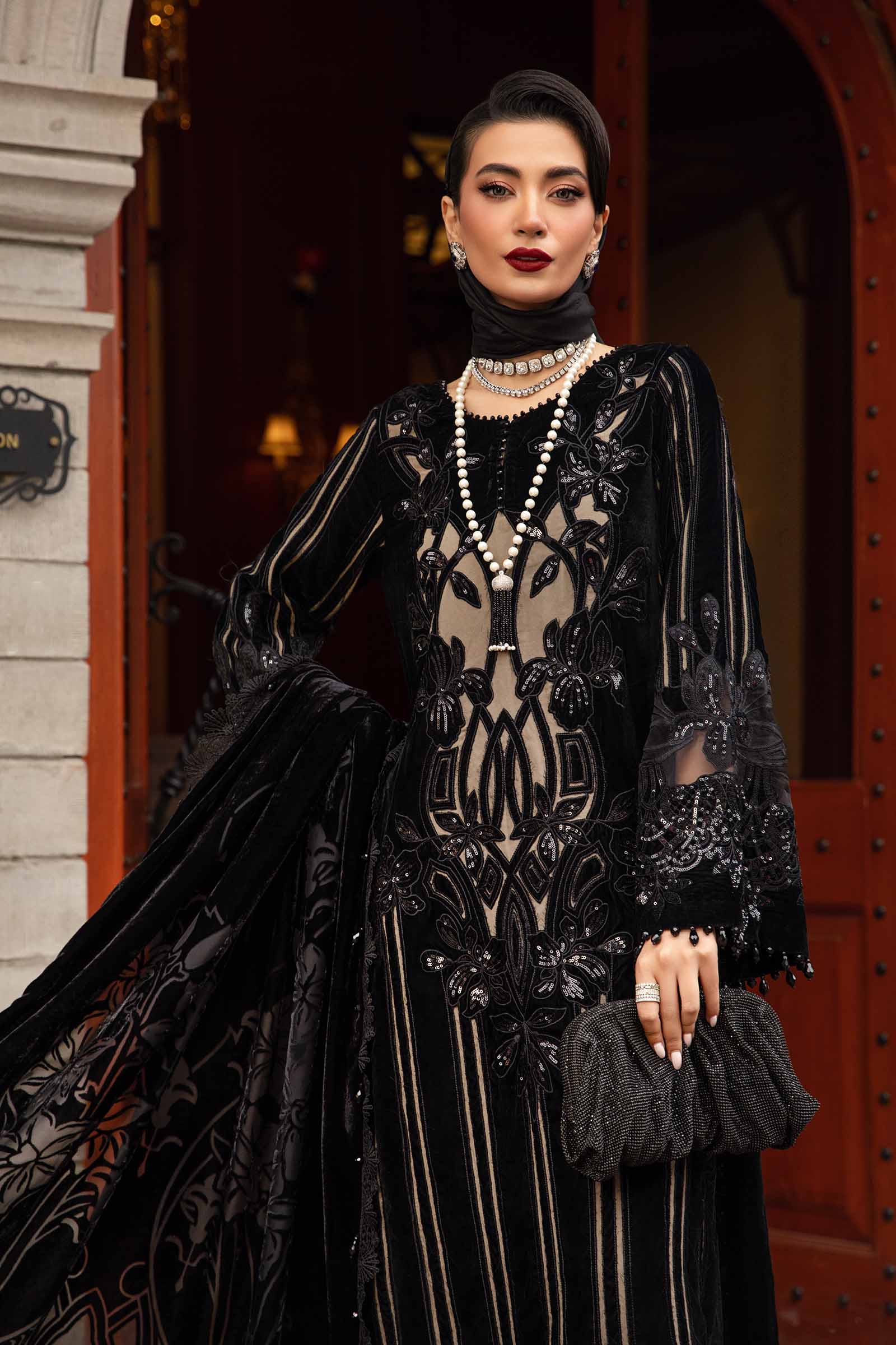 3 Piece Unstitched Embroidered Velvet Suit | DL-1205 - Image 2
