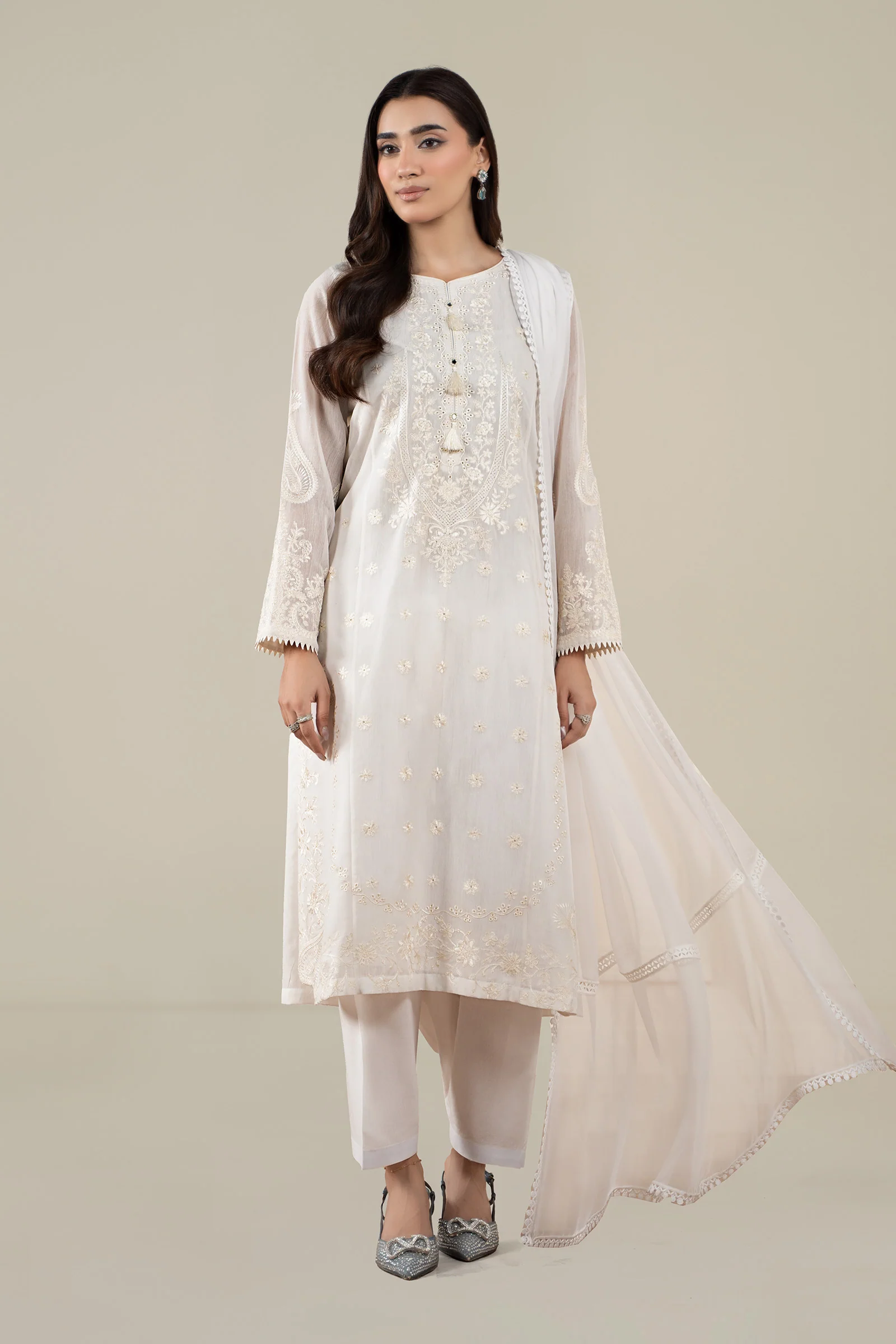 3 Piece Embroidered Paper Cotton Suit