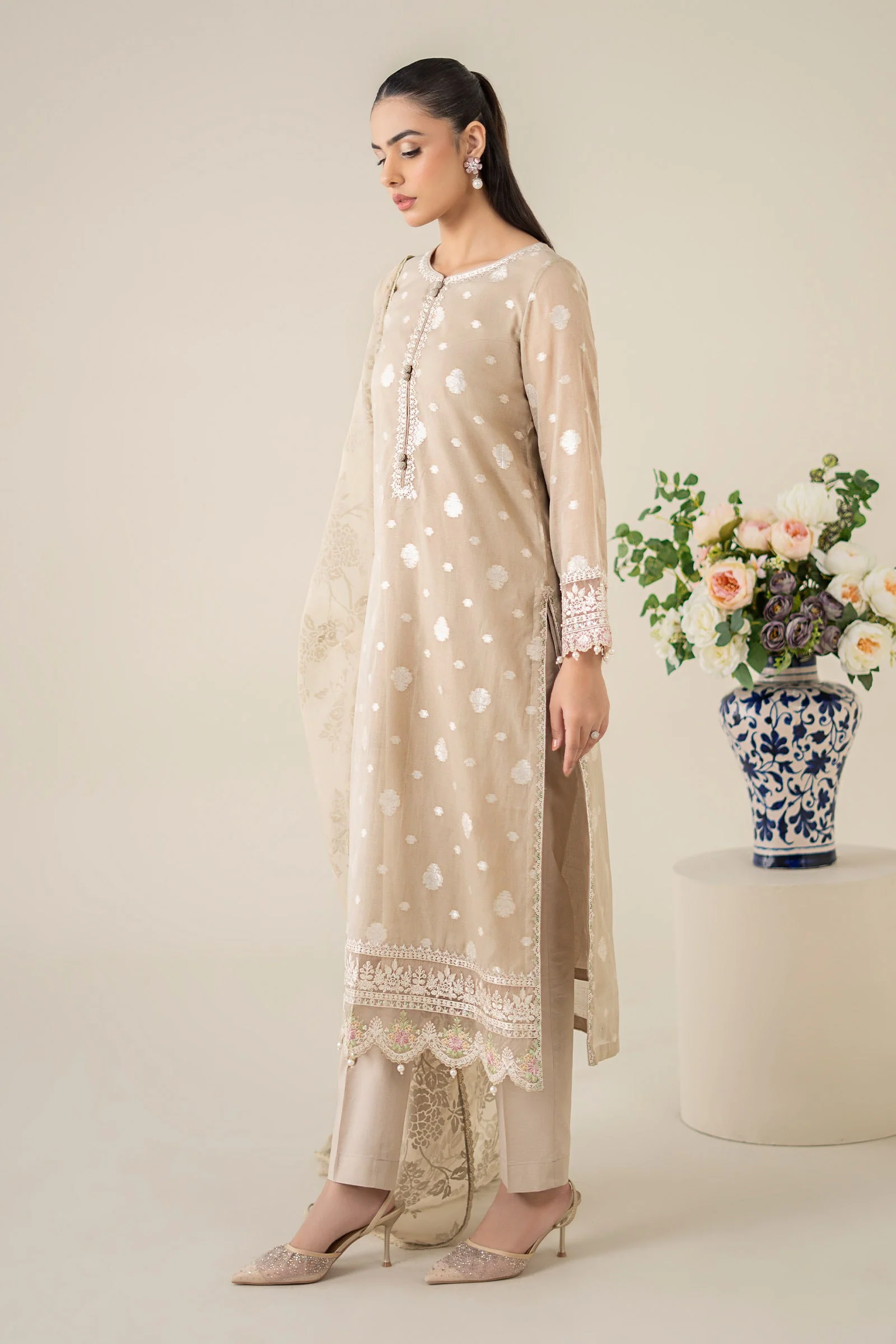 3 Piece Embroidered Paper Cotton Jacquard Suit - Image 5