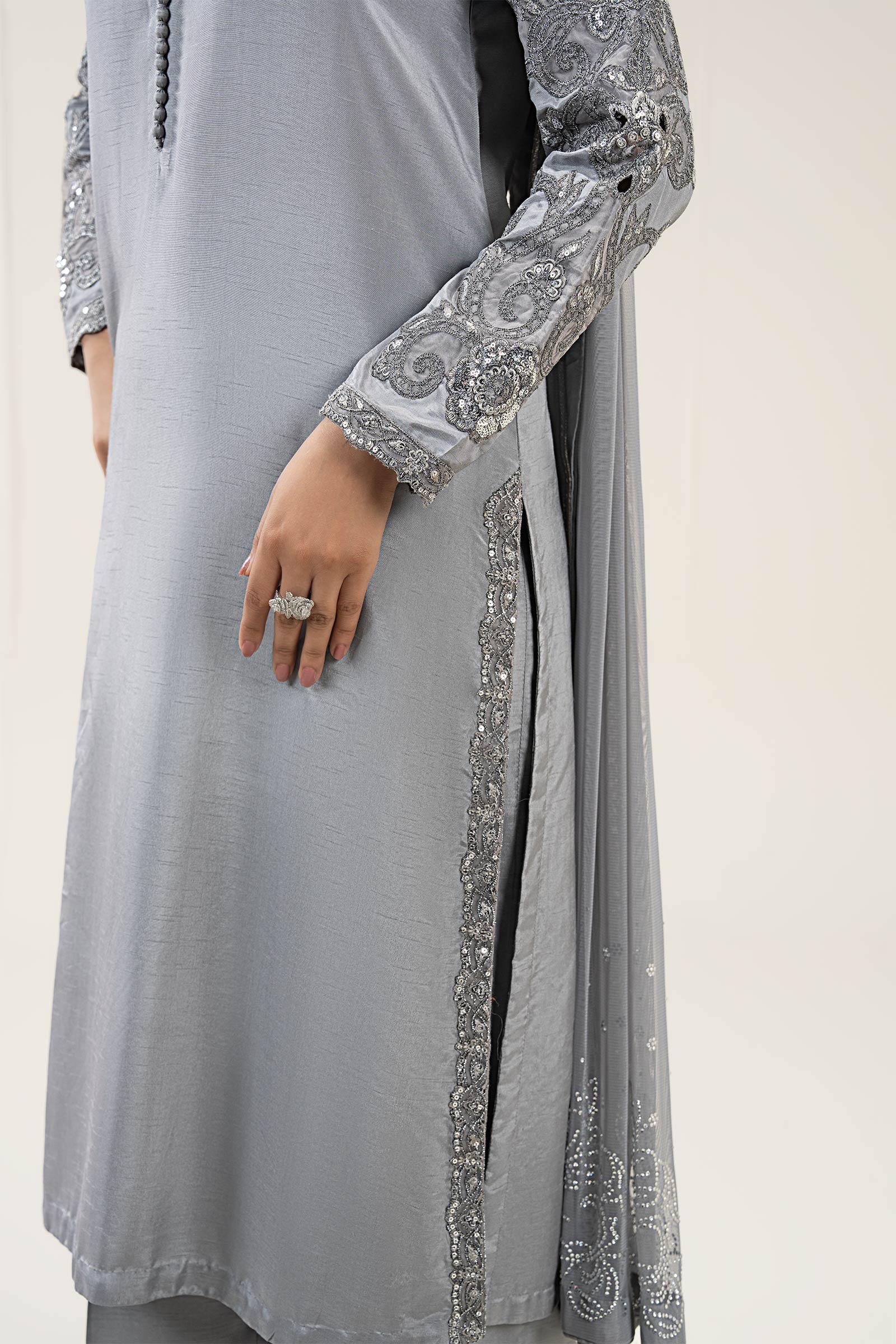 3 Pc Embroidered Bamberg Raw Silk Suit - Image 4